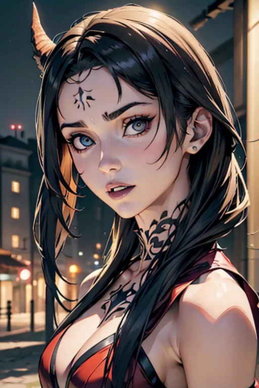 ((Realistic lighting, melhor qualidade, 8k, obra de arte: 1.3)), Foco claro: 1.2, Eliza From Tekken, figura perfeita: 1.4, Abdominais magros: 1.1, ((cabelo curtos escuro)), (blusinha com decote: 1.4), (de sainha curta preta), (ar livre, noite: 1.1), ruas da cidade, Rosto super fino, belos olhos, Palpebras duplas