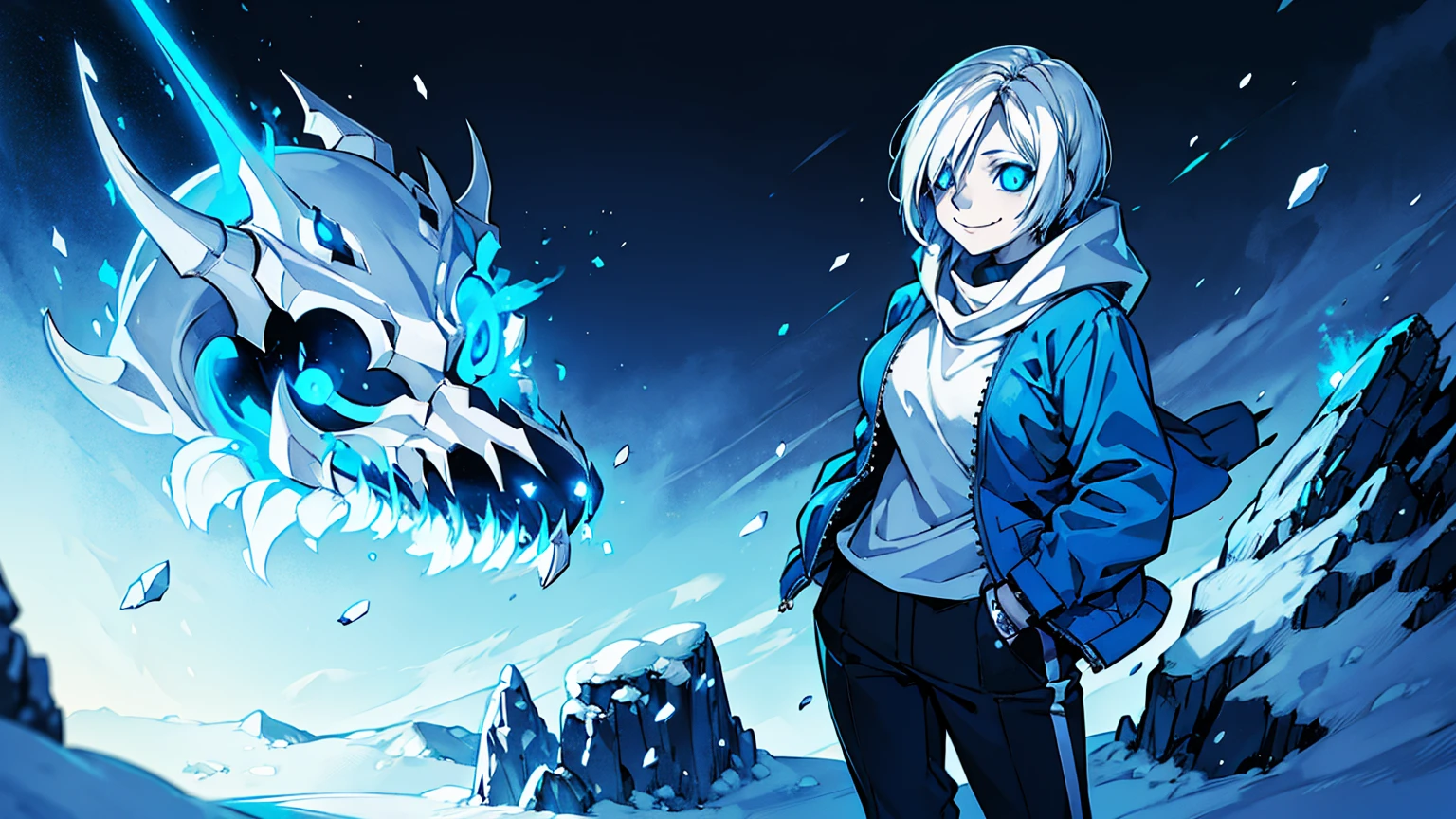 Toby Fox Undertale Sans Blue Jacket ,Fire eyes skull smile long eyelashes white short hair glowing face blue keel cannon one standing in the snow town Femininefull big breast breast enlargement full-body shot illustration, ultra-detailed, HDR, vibrant colors, soft lighting official art