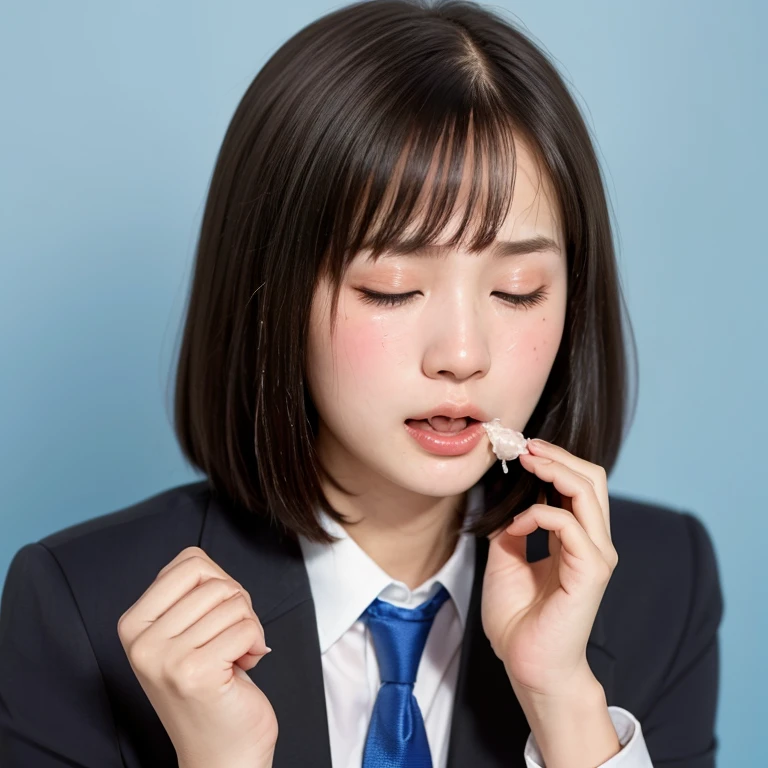 NSFW, (kawaii 24 year-old Japanese girl, Nogizaka idol, Korean idol), (glossy hair, very short hair, bangs:1.3), (beautiful black eyes, rounded face, single eyelid, no makeup:1.4), (embarrassed, noseblush, sex silly, orgasm, closed eyes, half opened mouth:1.5), (cum to face, semen on the face, bukkake:1.5), (wearing suit jacket, collared shirt, necktie:1.3), (extra small breasts:0.9), BREAK, (simple blue background:1.3), (view from forward, bust shot:1.3), BREAK, (masterpiece, best quality, photo realistic, official art:1.4), (UHD, 8K quality wallpaper, high resolution, raw photo, golden ratio:1.3), (shiny skin), professional lighting, physically based rendering, award winning, (highly detailed skin, extremely detailed face and eyes), Carl Zeiss 85 mm F/1.4, depth of field, 1girl, solo,