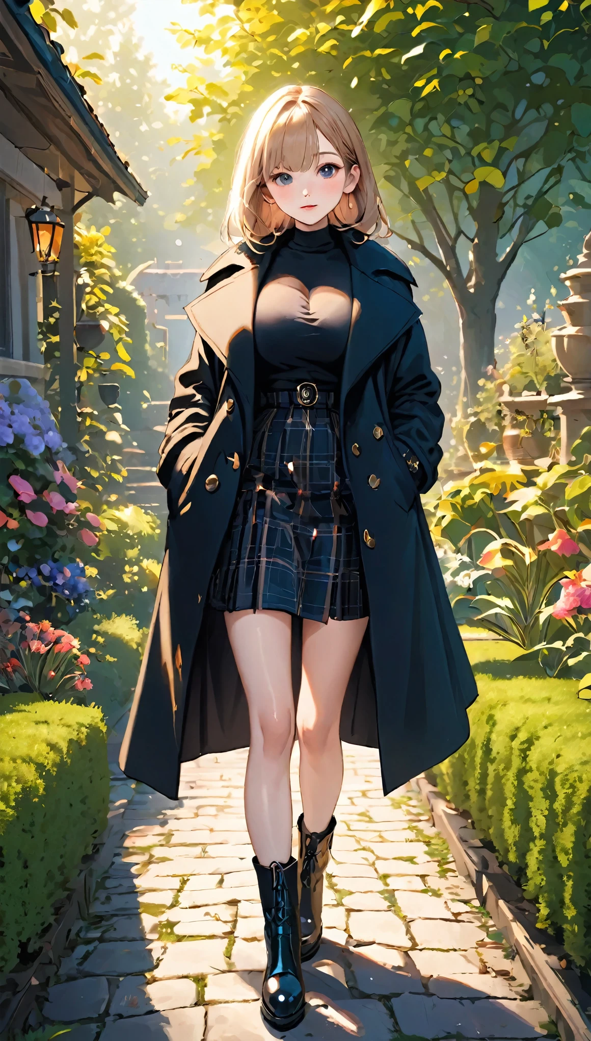 (8k、RAW Photos、highest quality、masterpiece:1.2)、(Realistic、Realistic)、1 girl、((mini skirt、Black coat、Large Breasts、View from the front、garden、boots、Are standing))、Lots of eyelashes、Glowing eyelids、skeletally correct