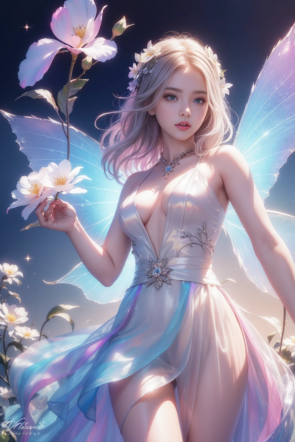 (((girl)),Long skirt,Iridescent colors,(Flower Fairy),(Rich colors),spring,Arthur effect, Transparent body, Gradient translucent glass melt, Caustics, Clear glass texture, Iridescent colors, design:Dietrams, Simple, Shining in every detail, White background, 工業design, Studio Lighting, c4d, OC Renderer, Beautiful shadows, 4K