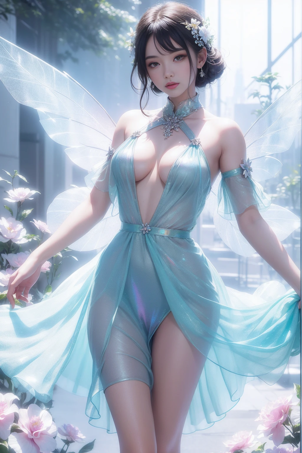 (((girl))，Long skirt，Iridescent colors，(Flower Fairy)，(Rich colors)，spring，Arthur effect, Transparent body, Gradient translucent glass melt, Caustics, Clear glass texture, Iridescent colors, design：Dietrams, Simple, Shining in every detail, White background, 工業design, Studio Lighting, c4d, OC Renderer, Beautiful shadows, 4K