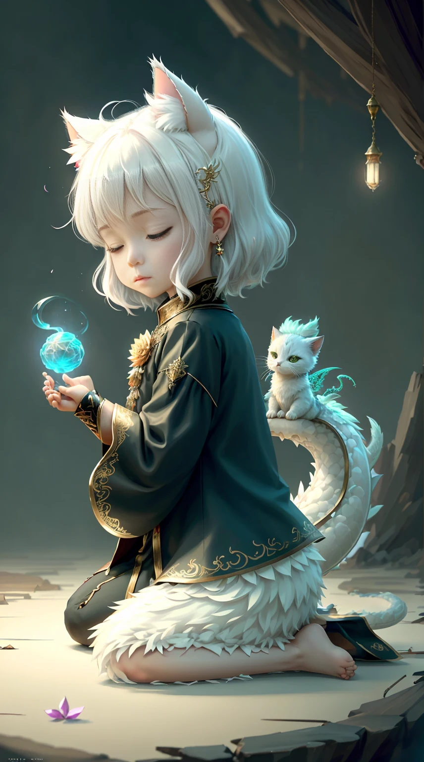 Faris Style, alone, hair ornaments, close your eyes, flower, wing, horn, Cat, white Cat, Dragon-Cat, hair flower, No humans, gem, Dragon, scale, eastern Dragon, Movie angle, Cinema Lighting, Shorthand, Depth of written boundary, Detailed Background, masterpiece, highest quality , Official Art ,