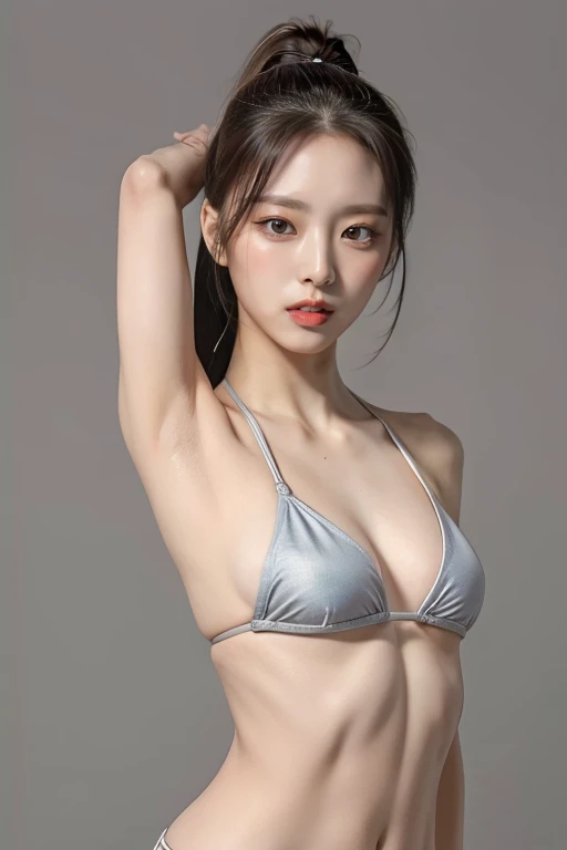 highest quality, masterpiece, Ultra-high resolution, (Realistic:1.4), RAW Photos, 1 , simple gray background, ((Micro Bikini、Upper Body、Lean forward, ballerina)), Looking at the audience