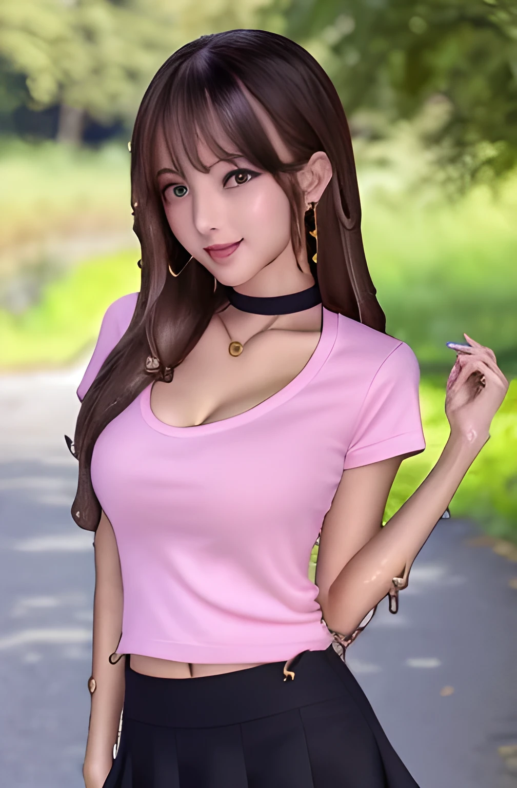 masterpiece, Front view, Cute Japanese aristocratic woman, (輝くBrown Hair, Straight length Hair), ((Pink Tight T-shirt, mini skirt)), Very cute face, Glossy Lips, Double eyelids on both eyes, Natural Makeup, Brown Hair, Asymmetrical bangs, High resolution, Attention to detail, Detailed hairstyle, Detailed face, Octane Rendering, SF, Incomplete limbs, ((Black Choker)), blue eyes, (Big Breasts), ((The body is slim:1.5)), Cool Beauty, ((Slim face)), smile, Mature Woman, Browsing Caution:-1.2, length, bushy eyelashes, Cleavage, ((Suburban countryside)), Slime Girl, Body turns into slime