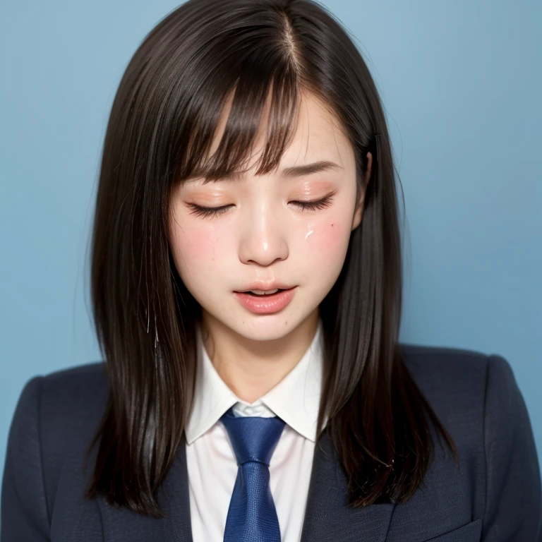 NSFW, (kawaii 24 year-old Japanese girl, Nogizaka idol, Korean idol), (glossy hair, very short hair, bangs:1.3), (beautiful black eyes, rounded face, single eyelid, no makeup:1.4), (embarrassed, noseblush, sex silly, orgasm, closed eyes, half opened mouth:1.5), (cum to face, semen on the face, bukkake:1.5), (wearing suit jacket, collared shirt, necktie:1.3), (extra small breasts:0.9), BREAK, (simple blue background:1.3), (view from forward, bust shot:1.3), BREAK, (masterpiece, best quality, photo realistic, official art:1.4), (UHD, 8K quality wallpaper, high resolution, raw photo, golden ratio:1.3), (shiny skin), professional lighting, physically based rendering, award winning, (highly detailed skin, extremely detailed face and eyes), Carl Zeiss 85 mm F/1.4, depth of field, 1girl, solo,