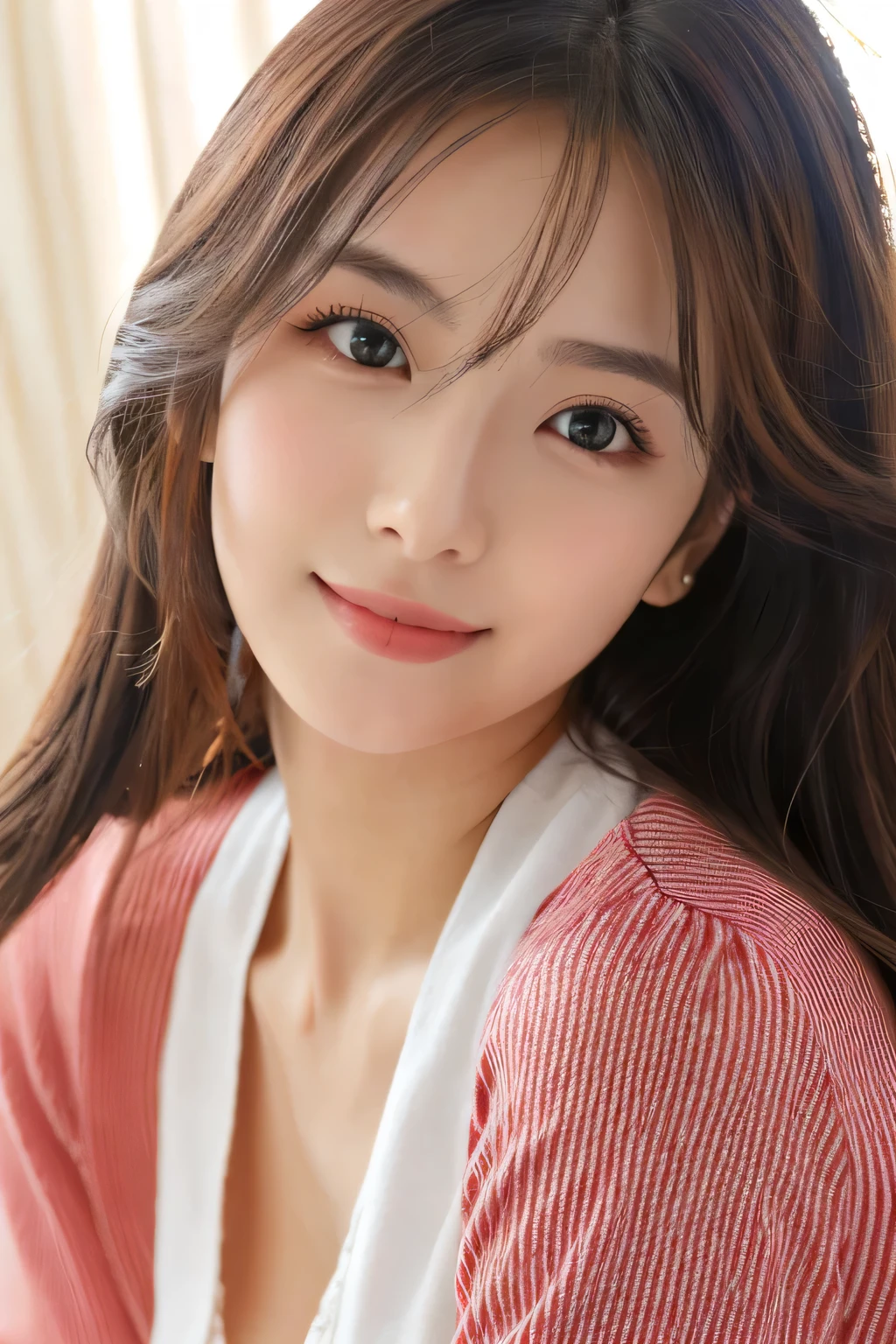 (((8k,Attention to detail,Attention to detail、highest quality,masterpiece,Attention to detail,alone))),RAW Photos & Realistic atmosphere,Beautiful dark eyes,Mouth Details,Glossy Lips,Thin eyebrows,beautiful Eyes、Soft white skin that shines in every detail、Her deep black eyes are very beautiful,Lip details、Very beautiful face,Very beautiful face、Lively Faces,beautiful, Glowing Lips,beautiful Eyebrows,Infinite Reality, Realistic Young Gravure Idol,Very cute woman , Young Gravure Idol, Young Gravure Idol, とても美しくてかわいいbeautiful 21 year old beauty,Incredibly beautiful and elegant,beautiful 21 year old beauty,Natural soft light,(Shiny Hair,,beautiful and kind eyes:1.5),A kind smile,Shapely breasts,Long Hair,beautiful posture,No makeup,Take a quick look at the camera,Red Shirt,