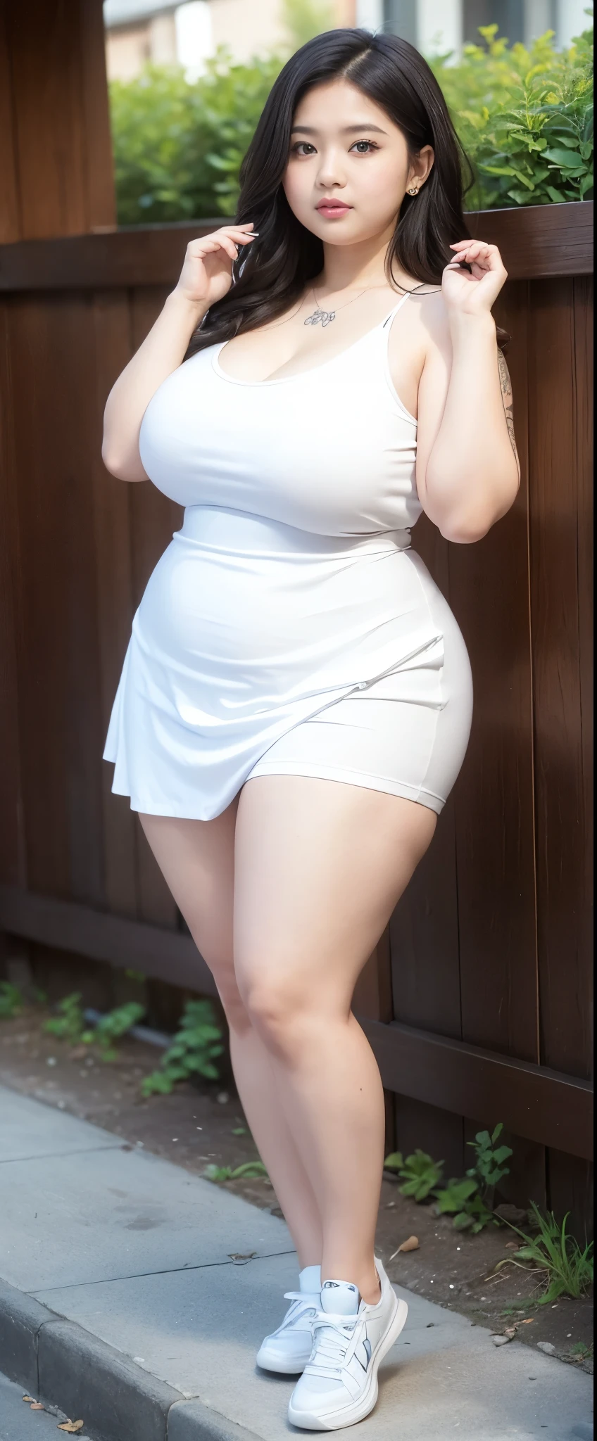 ((best quality)), (detailed), perfect face, naughty, (iu:0.8),cleavage, RAW, Best quality, high resolution, Masterpiece: 1.3, Beautiful glasses pearl_skinned sexy hijabi, Masterpiece, Soft smile, full body, chubby body, thight skirt, chubby arm, chubby thighs, sneakers, wearing a t-shirt