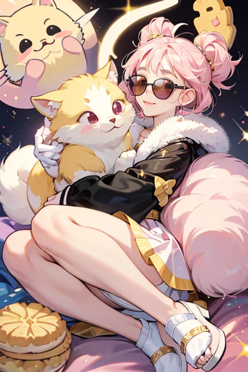 Biscuit has pale yellow fur, pale pink feet, round ears with pale pink linings, black oval eyes, and a black nose and mouth. Biscuit wears sunglasses on his forehead. SPARKLE; GLITTER