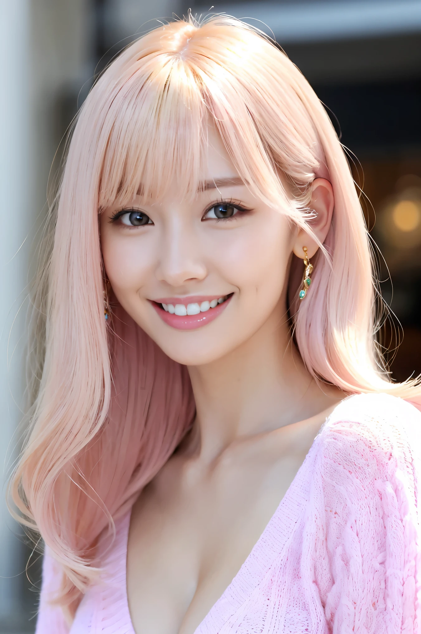 (Tabletop、highest quality、8k、Award-winning works、Ultra-high resolution)、One beautiful woman、(Perfect fluffy light pink V-neck long sleeve knit:1.3)、(Golden and pink hair:1.2)、(Blonde Hair:1.2)、Bright color contacts、Perfect Makeup、Bright and shiny lipstick、(Very heavy makeup:1.1)、(Pink eyeshadow:1.1)、Heavy makeup around the eyes、(Face close-up:1.2)、Very long wavy hair、The best smile you ever had when you saw me、(Accentuate your body lines:1.1)、(Strongly blurred vibrant Harajuku street background:1.1)、(Strongly blurred background:1.1)、Accurate anatomy、Ultra HD Hair、(Ultra-high resolutionの完璧な美しい歯:1.1)、Ultra-high definition beauty face、Ultra HD Hair、Ultra-high definition sparkling eyes、輝くUltra-high resolutionの美肌、Ultra-high resolutionの艶やかな唇
