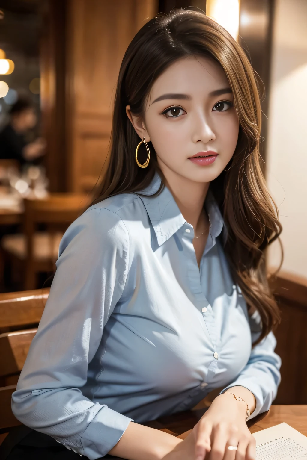 masterpiece, highest quality, Realistic, Very detailed, Finer details, High resolution, 8k wallpaper, One beautiful woman, Wear casual business attire, In a great restaurant, At night, Light brown messy hair, Perfect dynamic composition, Beautiful and beautiful eyes、Big earrings