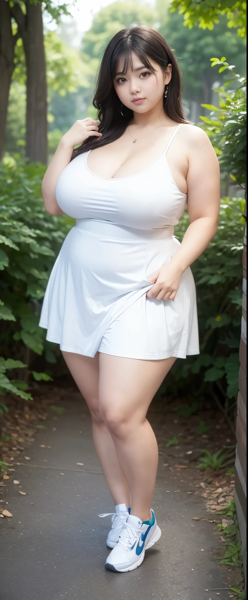 ((best quality)), ((masterpiece)), (detailed), perfect face, wanita chubby dewasa, wearing thight dress and thight skirt, chubby cheeks, chubby arm, chubby thighs, big breasts, wearing a sneakers, medium hair style, full body photoshoot, tattooed body