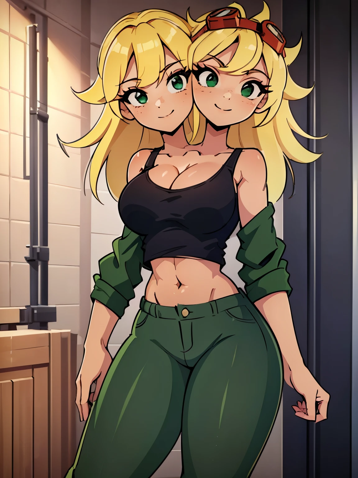 best quality, (masterpiece),(ultra-detailed), (high quality), (high resolution), ((2heads:1.5)), best quality:1.5, highres, UHD, 16K), smiling, highres, masterpiece, (blonde hair), (cleavage), (black short tank top), medium long hair, ((green denim shorts)), lustrous and smooth skin, (mature woman), (black eyes), (cute face), (exposed midriff), seductive silhouette, ((slim hips)), casual dress, sexy proportions, young girl with accentuated slender abs, long legs, seductive woman, lustrous woman, (large breasts), ((detailed eyes)), boots, goggles