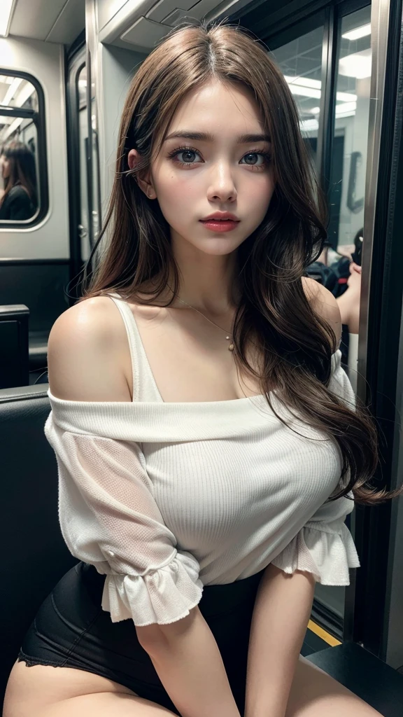 1 chica, hermoso, Amazing face and eyes, constituir, labios rojos brillantes, (hermoso rostro extremadamente detallado), (sexiest look), (hermoso big breasts), (camisa con hombros descubiertos, Falda apretada, hasta la rodilla:1.2), (mejor calidad:1.4), (ultra detallado), (Fondo de pantalla CG unificado 8k extremadamente detallado), Muy detallado, fotos crudas, professional photography, tren lleno, Session, (Abre tus piernas), (Ropa interior de Encaje), Landscape like a scene from a movie.,