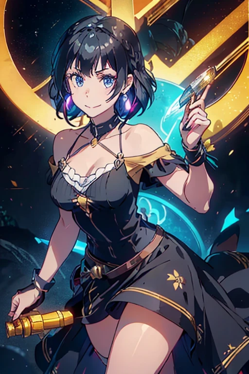 (dynamic angle:1.3, front view:1.1, breast focus:1.3, from below:1.2), (dynamic posing:1.5, sexy posing:1.2, leaning forward), (seductive smiling:1.3), beutiful woman, 1girl,fullbody, happy, (with sparkling eyes and a contagious smile:1.2), red face, closed mouth, beautiful detailed eyes, super detailed skin, backlighting, bare shoulders, black background, black dress, black gloves, black hair, breasts, dress, earrings, fingerless gloves, floating hair, floral print, flower, gloves, gold earrings, gold hairband, hair flower, hair ornament, hairband, holding, holding two-hands knife weapon, jewelry, small breasts:1.2, long hair, looking at viewer, off-shoulder dress, off shoulder,blue eyes, short hair with long locks, sidelocks, solo, spikes, thighs, two-sided dress, two-sided fabric, weapon, fighting stance , face, close up, from above, highest quality, high resolution,Real World, Natural light,perfect Natural light,looking at viewer,The bar is beautiful, with colorful bottles of alcohol in the background and a soft glow from neon lights. 