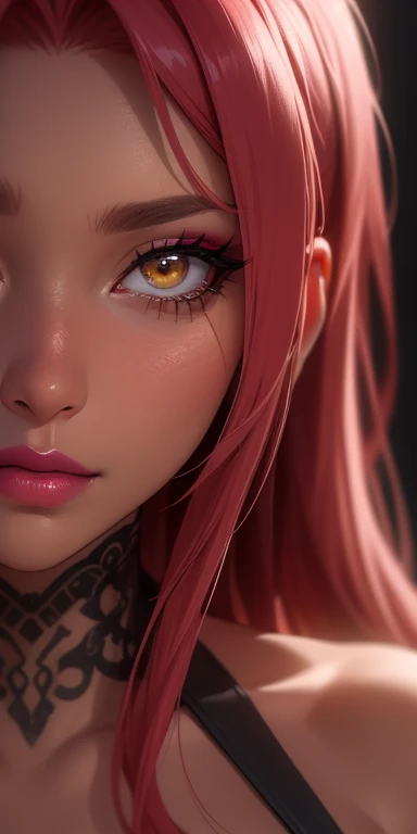 (masterpiece, highres, high quality:1.2), intricate details, cinematic lighting, sharp focus, depth of field, Ingrid, 1girl, mature female, (dark-skinned female:1.1), dark skin, standing pose, seductive expression, ((closeup shot, closeup to face:1.2)), looking at viewer, bedroom, caring, seductive, kind, [pink|red] hair, very long hair, hair intakes, makeup, lipstick, (mole under mouth:0.8), eyelashes, yellow eyes, ultra detailed eyes, ultra detailed face, ultra detailed lips, ultra detailed lipstick, ultra detailed makeup helloutfit,
