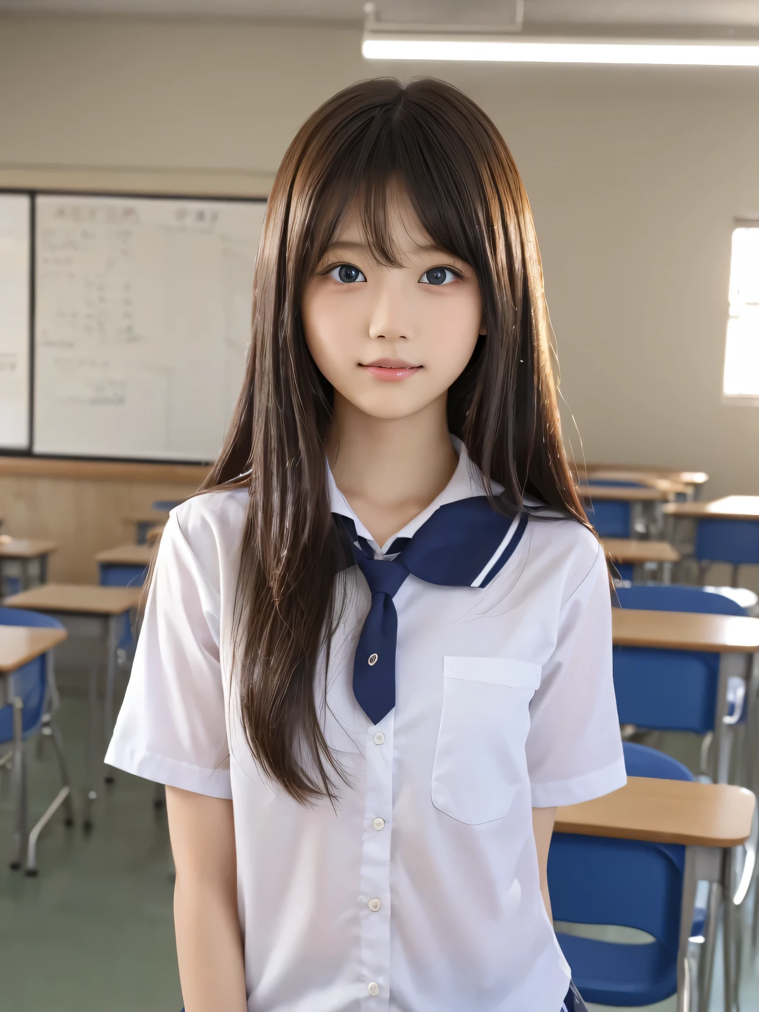 beautiful girl, (highest quality:1.4), (Very detailed), (Very detailed美しい顔), Look forward, Great face and eyes, iris, (Beautiful Hair:1.5), (School uniform:1.2), Short sleeve,Smooth, Highly detailed CG composite 8k wallpaper, High-resolution RAW color photos, Professional photography, Light, BackLight, dream-like, impressive, Written boundary depth、classroom