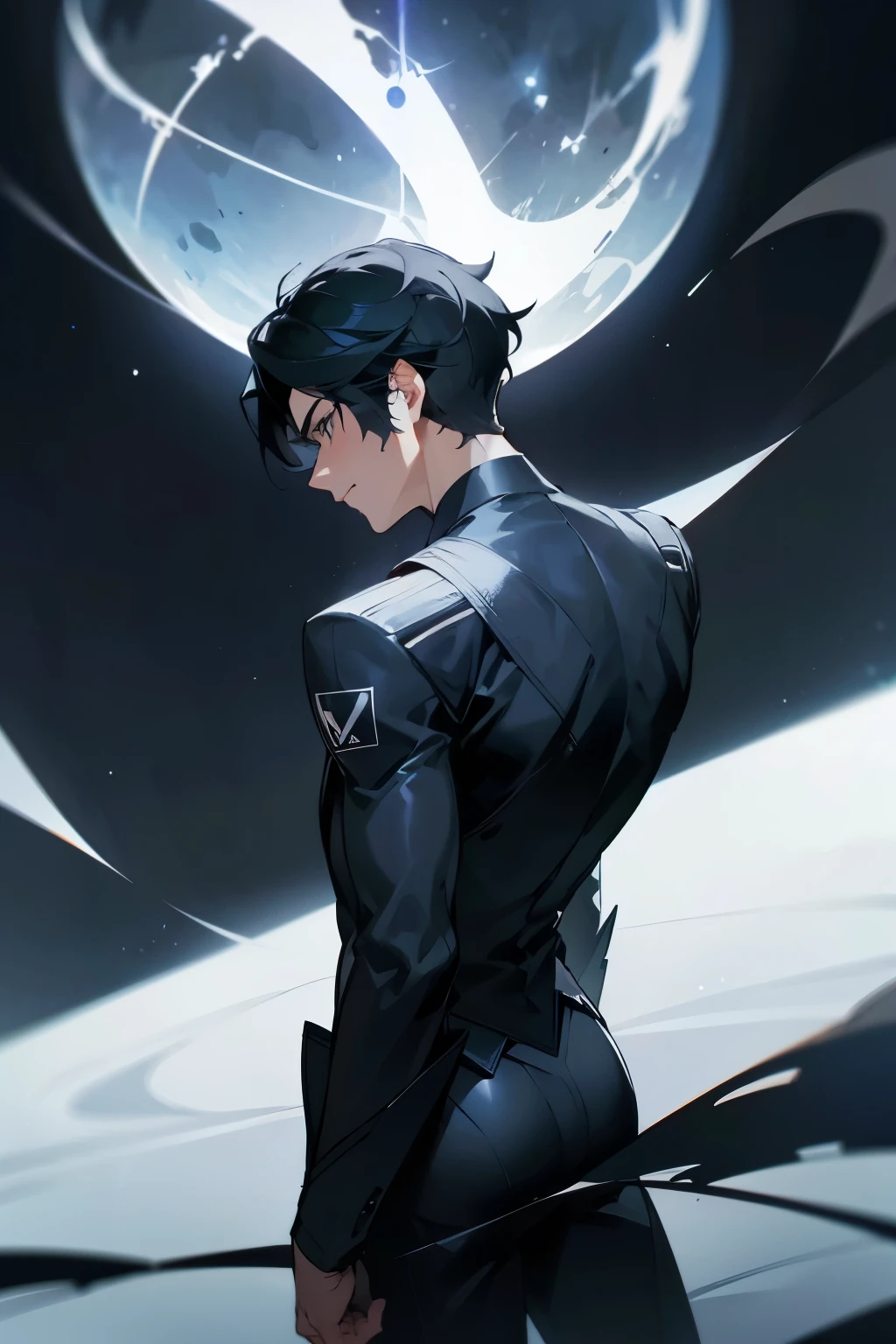 1 person, man, wearing a black suit, Handsome face, In the black eye, There is a logo on the back of the suit. , Turn sideways , black hair , I only saw half of it., Turn your back., night sky background, ยืนเฉยๆ Turn your back., alone, Wear a normal suit