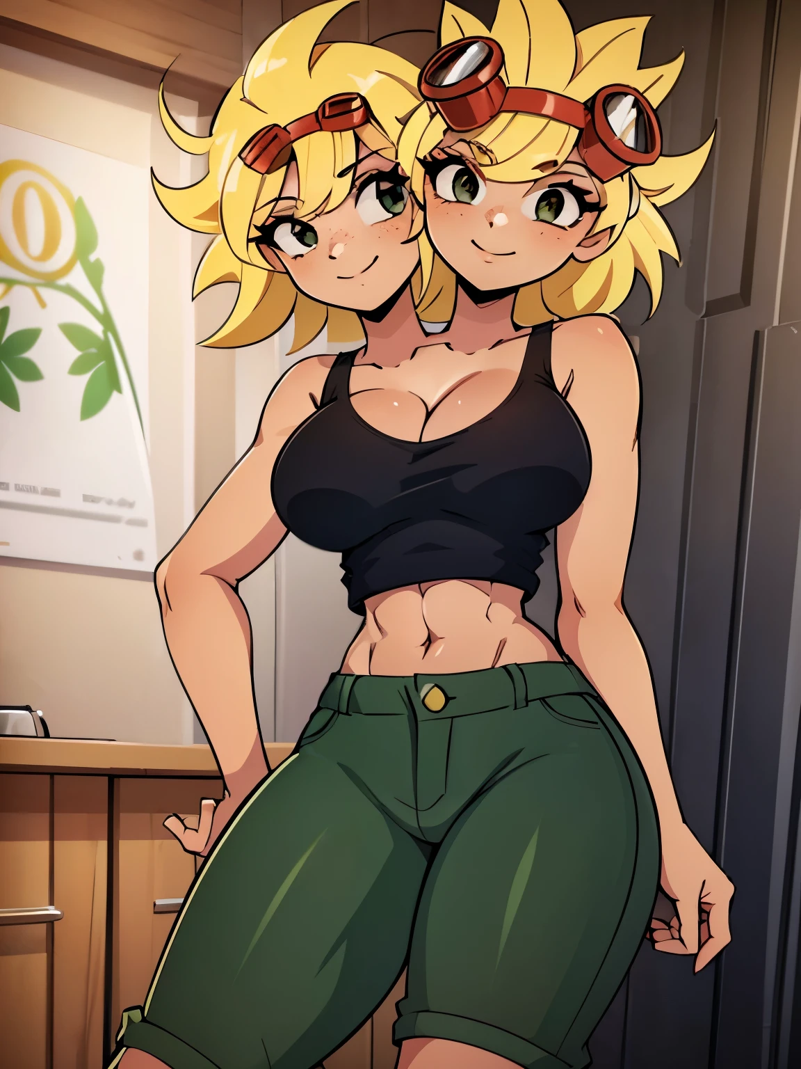 best quality, (masterpiece),(ultra-detailed), (high quality), (high resolution), ((2heads:1.5)), best quality:1.5, highres, UHD, 16K), smiling, highres, masterpiece, (blonde hair), (cleavage), (black short tank top), medium long hair, ((green denim shorts)), lustrous and smooth skin, (mature woman), (black eyes), (cute face), (exposed midriff), seductive silhouette, ((slim hips)), casual dress, sexy proportions, young girl with accentuated slender abs, long legs, seductive woman, lustrous woman, (large breasts), ((detailed eyes)), boots, goggles