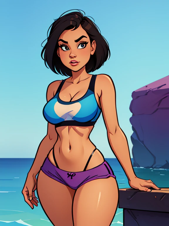 Digital painting, disney Pixar, 4k, there is a woman in a bra and shorts posing for a photo, in the style of digital illustration, streetwear bra and shorts, sports bra and shorts, in the style of digital painting, sports bra and dark blue shorts, Girl fit, digital painting style, nft portrait, short and robust woman, in the style of digital art, inspired by Louisa Matthíasdóttir