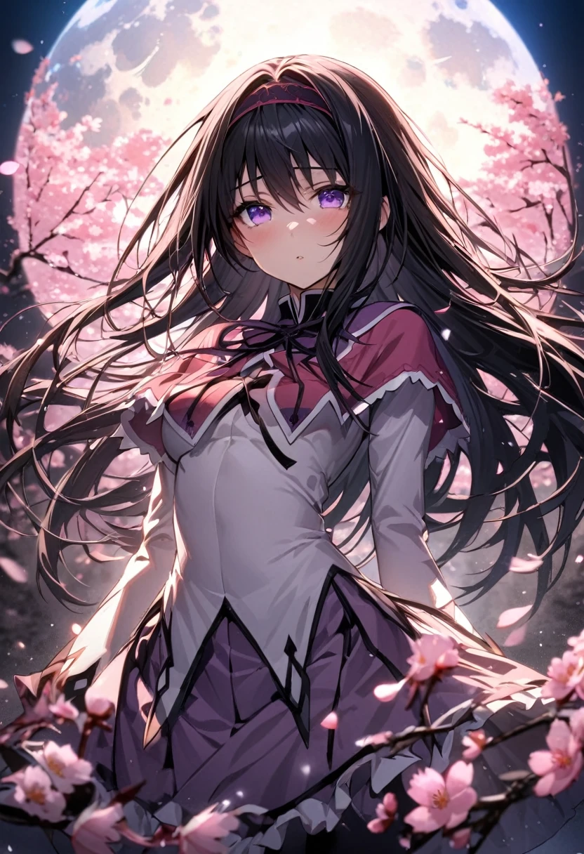 absurdres, highres, ultra detailed, HDR, master piece, best quality, extremely detailed face and eyes, Homura Akemi, black long hair, expressive purple eyes, Puella Magi Madoka Magica, solo, woman, beautiful, cherry blossom, pink flowers, pink petals, moon, pink fireflies 