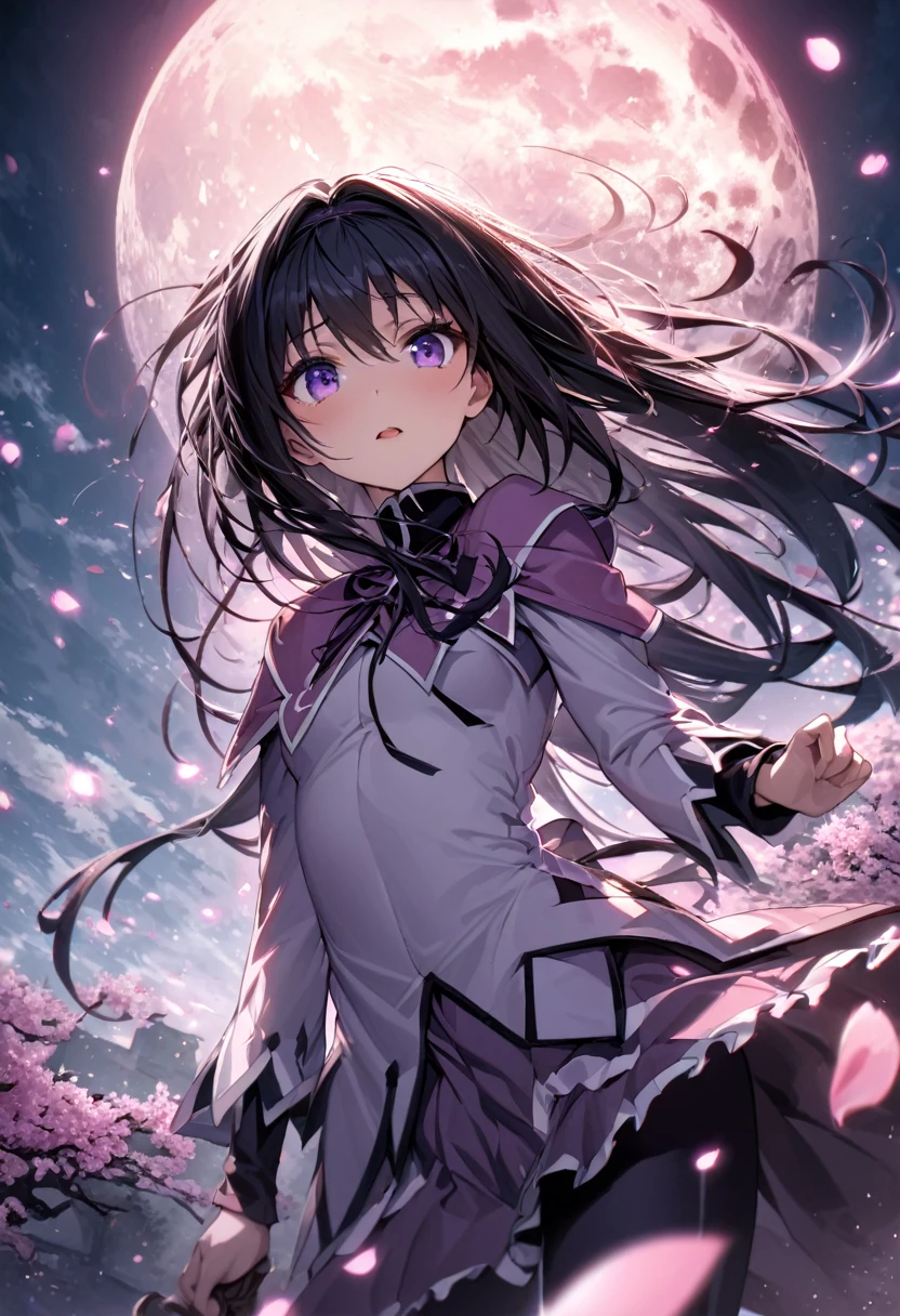 absurdres, highres, ultra detailed, HDR, master piece, best quality, extremely detailed face and eyes, Homura Akemi, black long hair, expressive purple eyes, Puella Magi Madoka Magica, solo, woman, beautiful, cherry blossom, pink flowers, pink petals, moon, pink fireflies 