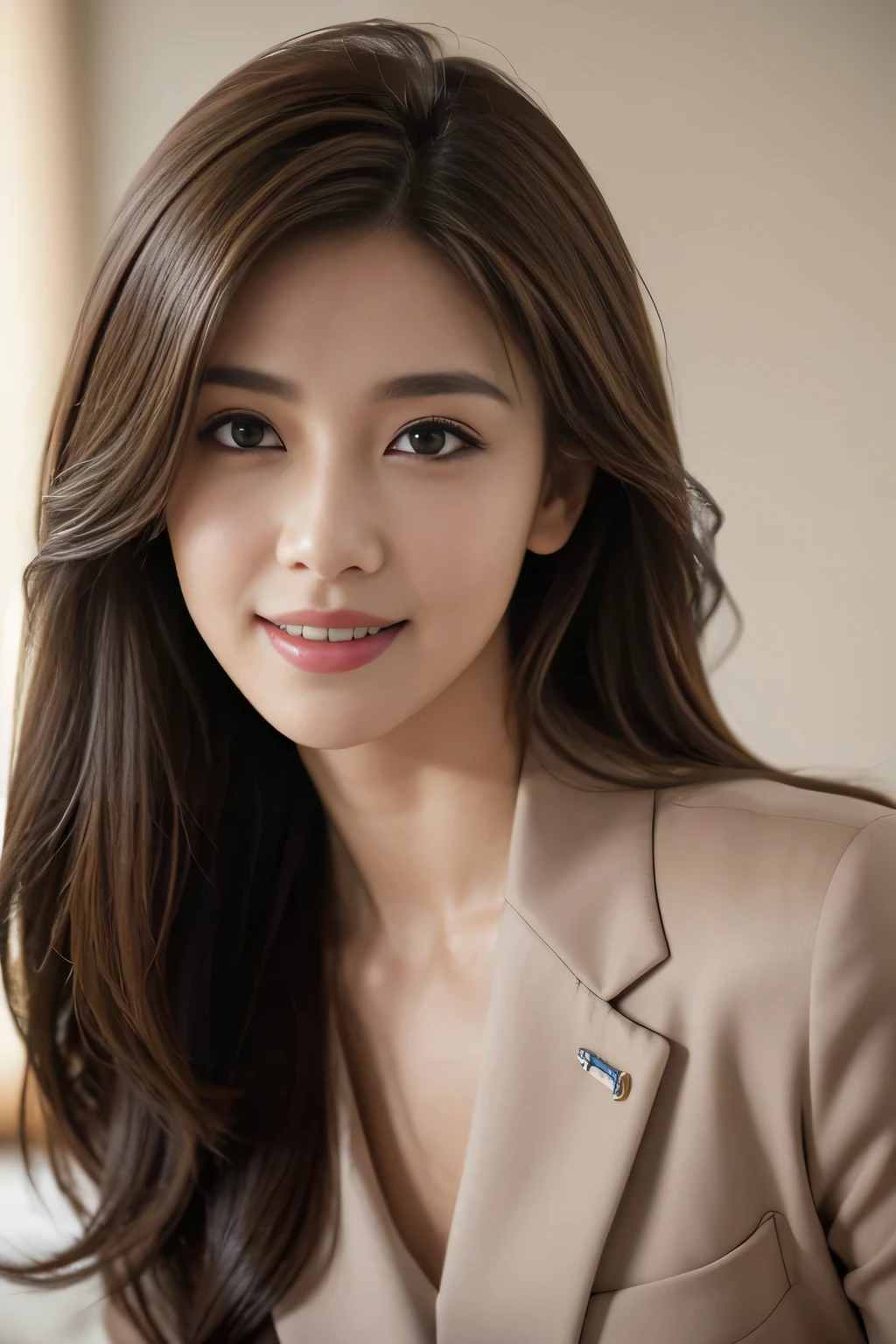 Tabletop, highest quality, Realistic, Very detailed, finely, High resolution, 8k wallpaper, One beautiful woman,, Light brown messy hair, Wear a business suit, Sharp focus, Perfect dynamic composition, Beautiful and detailed, Thinning hair, Detailed Realistic skin texture, smile, Close-up portrait, Model Body Type