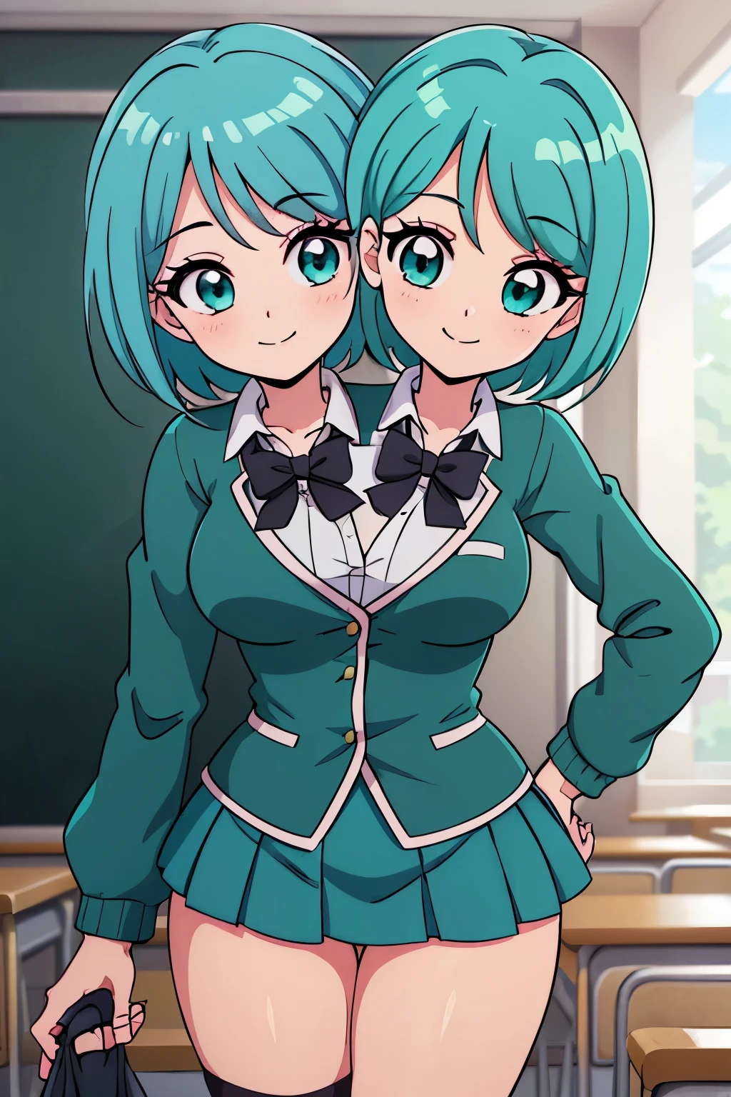 (masterpiece),(ultra-detailed), (high quality), (high resolution), (best quality:1.5, highres, UHD), highres, absurdo, ultra detail, ultra quality, Ultra resolution, 16k, ((2heads:1.5)), 1girl, ((anime girl with two heads)), ((teal hair)), ((dark green hair)), turquoise blouse with green jacket and a blue green mini skirt with pleats, fingerless black gloves, suede shoes, gentle smile, cowboy shot, teal eyes, (())