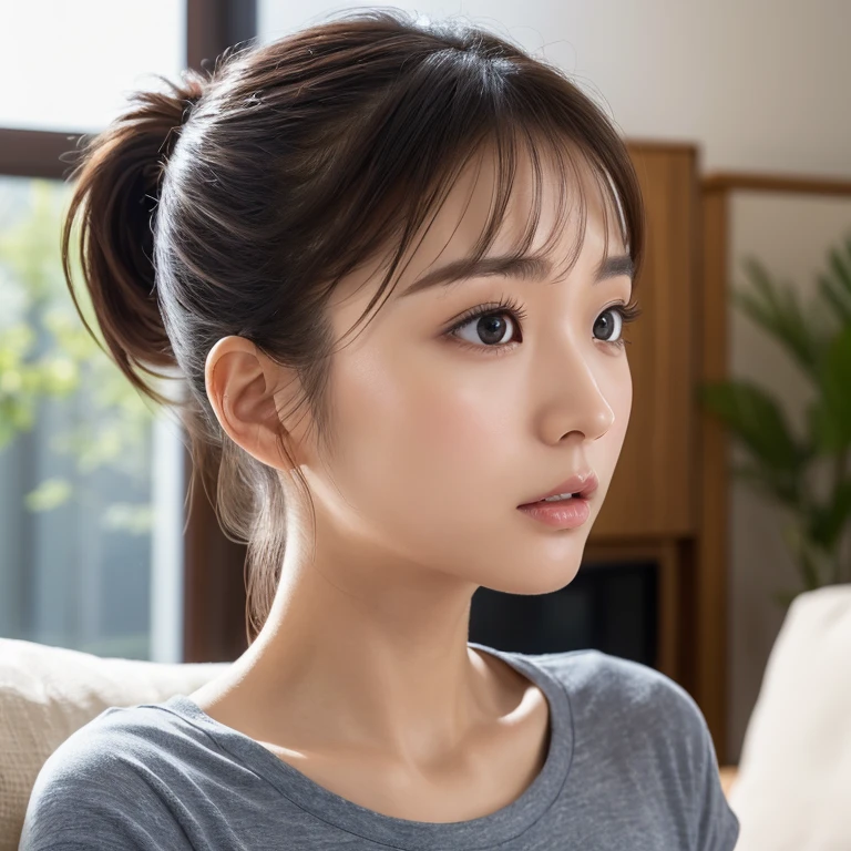 The face of a young, beautiful Japanese woman with a ponytail hairstyle looking a little surprised in the living room in the morning. Focal length 100mmf/2.8, spring morning, sunny outside, living room on the upper floor of a high-rise apartment, ideal light source, plain navy blue T-shirt, white shorts, well-shaped face, toned body, look at me A slightly surprising look, close-up of facial expressions, realistic feeling, 8K image quality, highest quality.