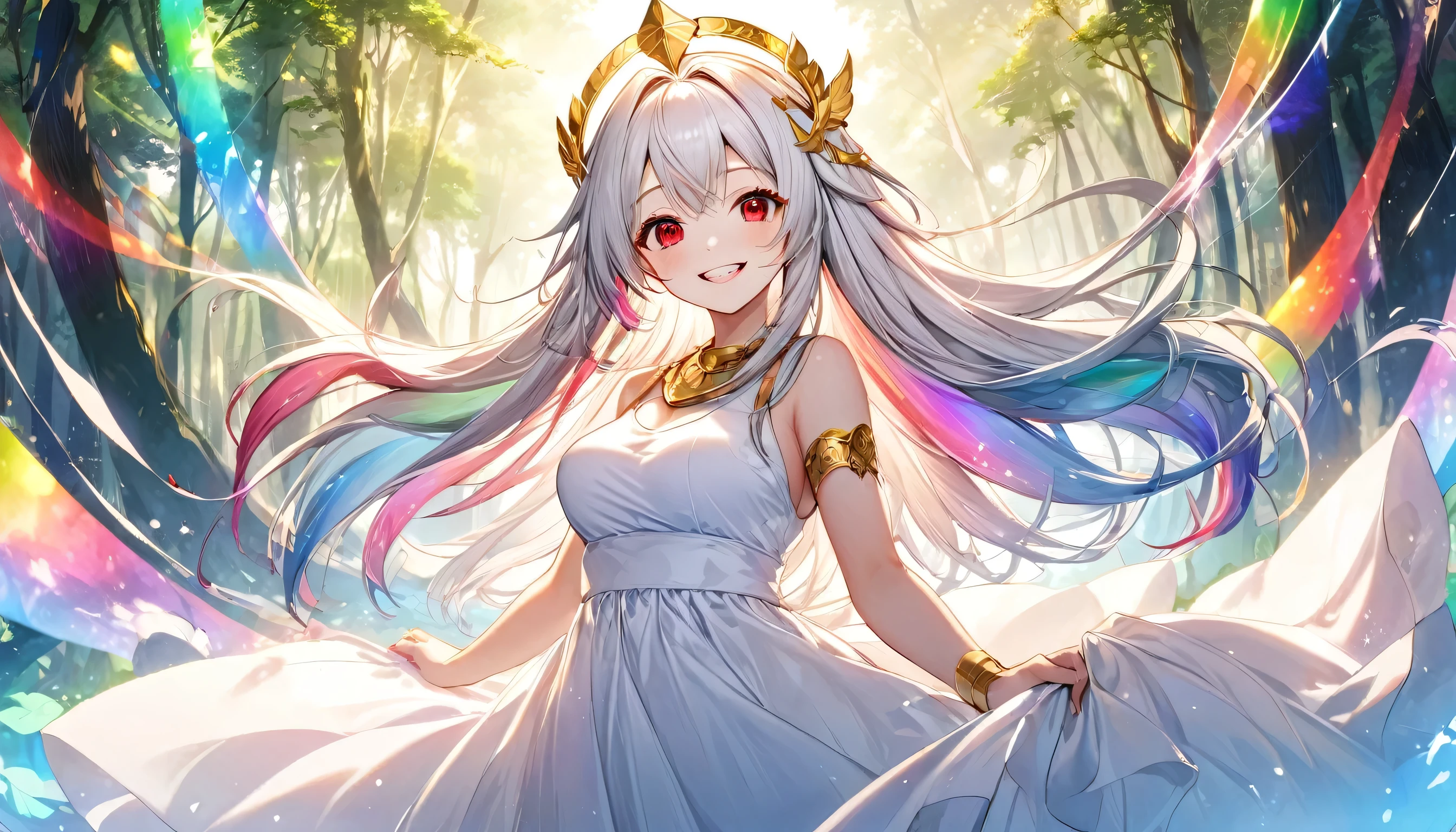 panoramic ((A paradise of unparalleled beauty)) (many Mythical Beasts ), and (in a detailed white dress), (double long-exposure:1.1 silhouette:0.5 with Rainbow) (solo straight silver hair long hair immensely cute girl, 16 yo, lovely half-closed red eyes, big tits, lovely toothy grin, wide smile, glistening teeth), head is detailedGold Circlet, BREAK, perfect anatomy, masterpiece, best quality, 16k, beautiful detailed grow, daydreaming expression, break, ((background a The Mana Tree of Legend))