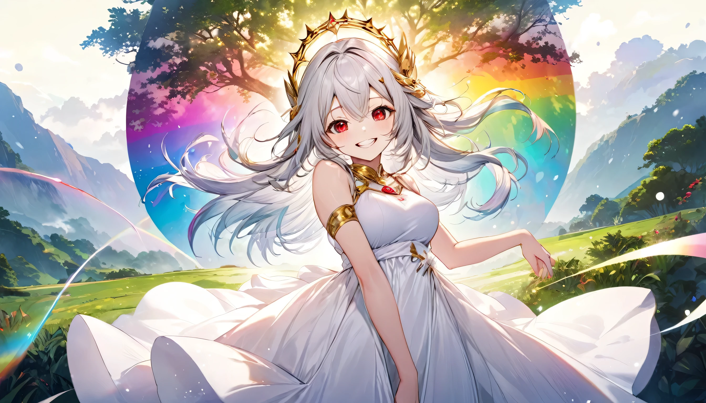 panoramic ((A paradise of unparalleled beauty)) (many Mythical Beasts ), and (in a detailed white dress), (double long-exposure:1.1 silhouette:0.5 with Rainbow) (solo straight silver hair long hair immensely cute girl, , lovely half-closed red eyes, big tits, lovely toothy grin, wide smile, glistening teeth), head is detailedGold Circlet, BREAK, perfect anatomy, masterpiece, best quality, 16k, beautiful detailed grow, daydreaming expression, break, ((background a The Mana Tree of Legend))