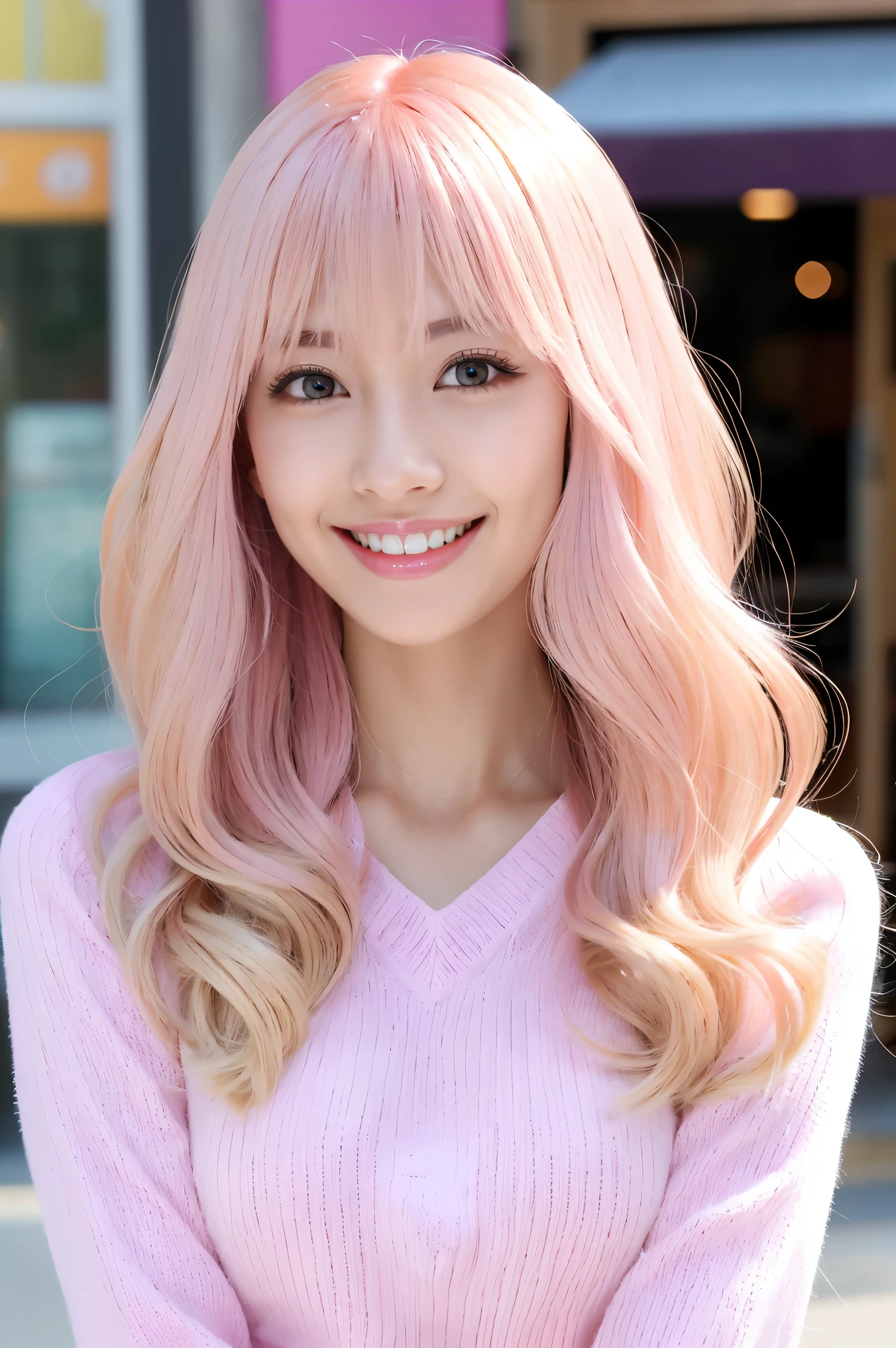 (Tabletop、highest quality、8k、Award-winning works、Ultra-high resolution)、One beautiful woman、(Perfect fluffy light pink V-neck long sleeve knit:1.3)、(Golden and pink hair:1.2)、(Blonde Hair:1.2)、Bright color contacts、Perfect Makeup、Bright and shiny lipstick、(Very heavy makeup:1.1)、(Pink eyeshadow:1.1)、Heavy makeup around the eyes、(Face close-up:1.2)、Very long wavy hair、The best smile you ever had when you saw me、(Accentuate your body lines:1.1)、(Strongly blurred vibrant Harajuku street background:1.1)、(Strongly blurred background:1.1)、Accurate anatomy、Ultra HD Hair、(Ultra-high resolutionの完璧な美しい歯:1.1)、Ultra-high definition beauty face、Ultra HD Hair、Ultra-high definition sparkling eyes、輝くUltra-high resolutionの美肌、Ultra-high resolutionの艶やかな唇