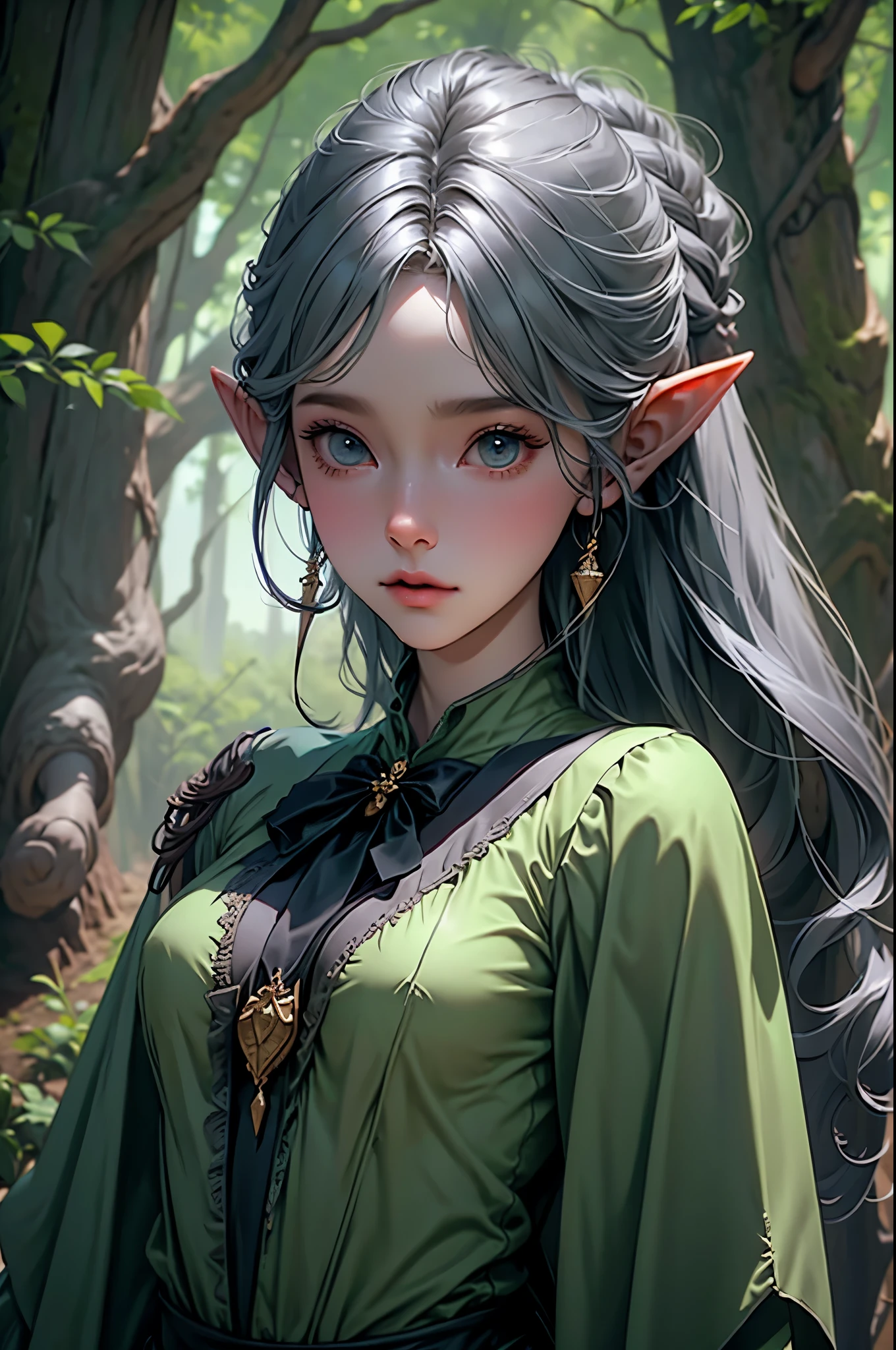 Woman Elf in a Forest Dressed in a Forest Range Attire with Arrows and a Bow, On A Tree, Perfect Body , Perfect Face, HD
