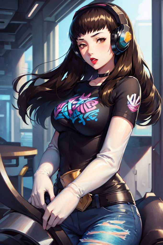 1girl, solo, aahana, long hair, brown hair, headphones, standing, black t-shirt, white shirt, blue jeans, belt, lipstick, large breasts, layered sleeves