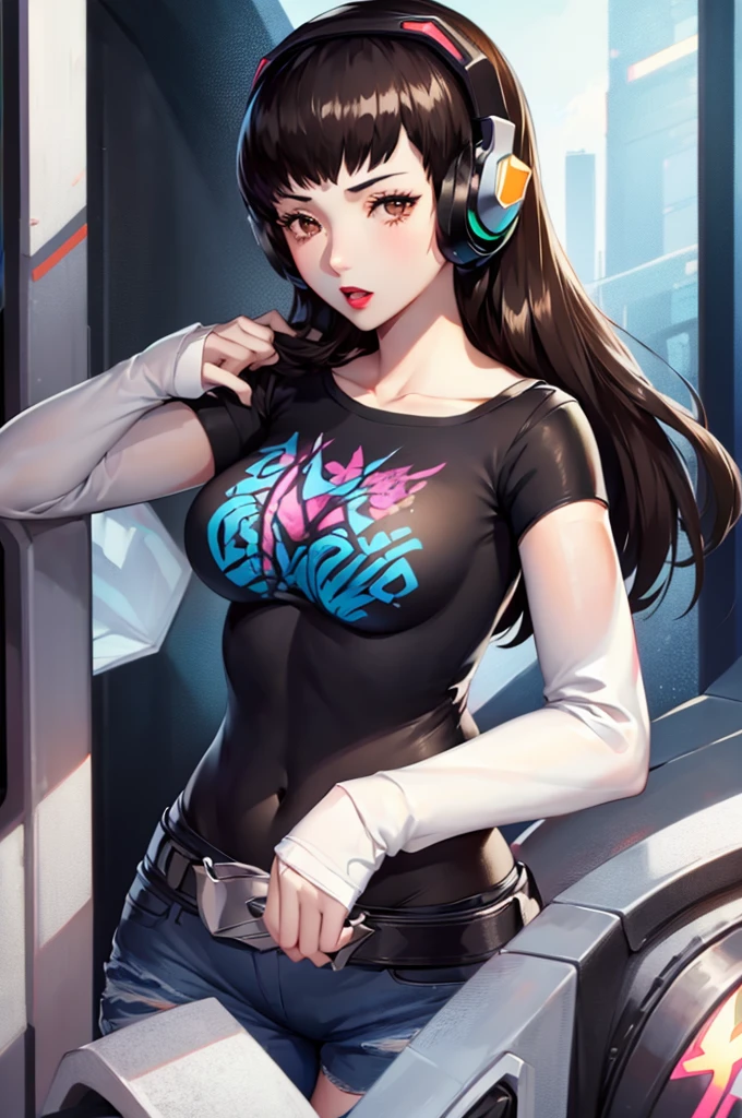 1girl, solo, aahana, long hair, brown hair, headphones, standing, black t-shirt, white shirt, blue jeans, belt, lipstick, large breasts, layered sleeves