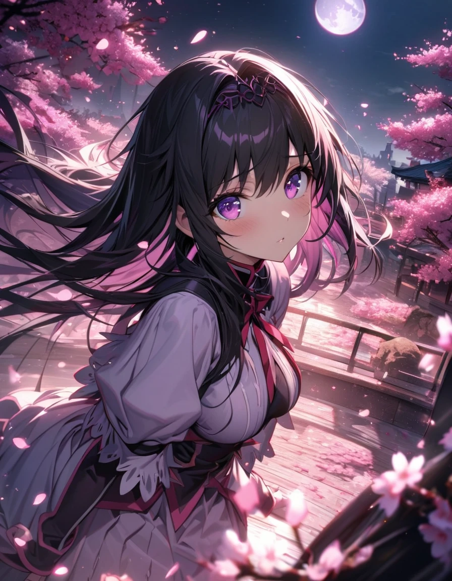 absurdres, highres, ultra detailed, HDR, master piece, best quality, extremely detailed face and eyes, Homura Akemi, black long hair, expressive purple eyes, Puella Magi Madoka Magica, solo, woman, beautiful, cherry blossom, pink flowers, pink petals, moon, pink fireflies