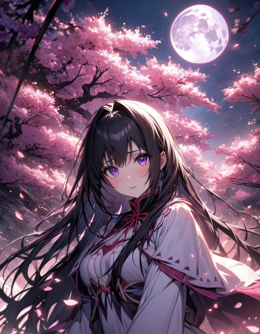 absurdres, highres, ultra detailed, HDR, master piece, best quality, extremely detailed face and eyes, Homura Akemi, black long hair, expressive purple eyes, Puella Magi Madoka Magica, solo, woman, beautiful, cherry blossom, pink flowers, pink petals, moon, pink fireflies