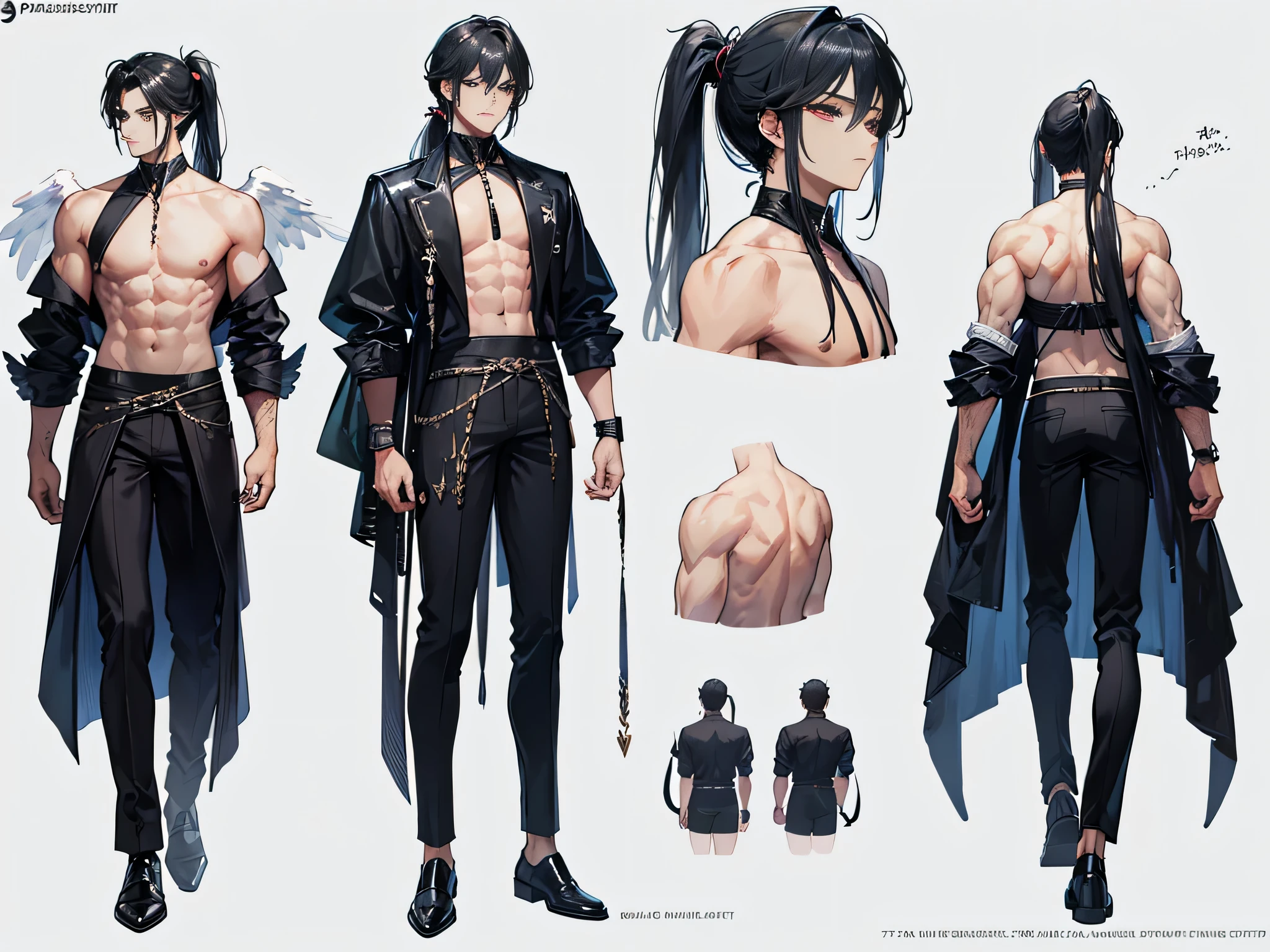 ((Masterpiece, Highest quality)), Male, boy, Detailed face, character design sheet， full bodyesbian, Full of details, frontal body view, back body view, Highly detailed, Depth, Many parts, dark skin, angel wings, black hair, angel outfit, Muscle boy with black long ponytail hair，handsome man, male angel , man tall, abs, pectoral muscle