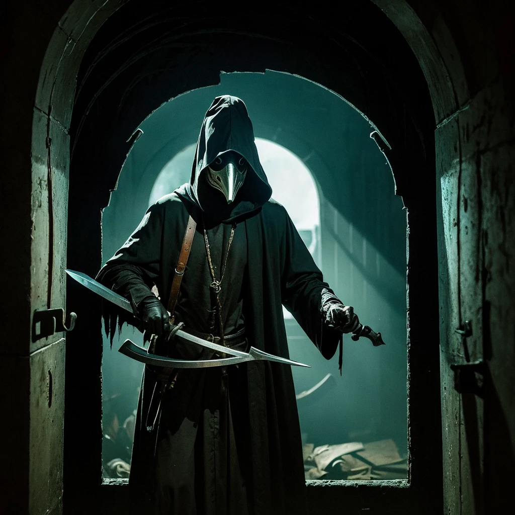 A plague doctor in a spooky bird mask holds a sword and peers out of a dark doorway。