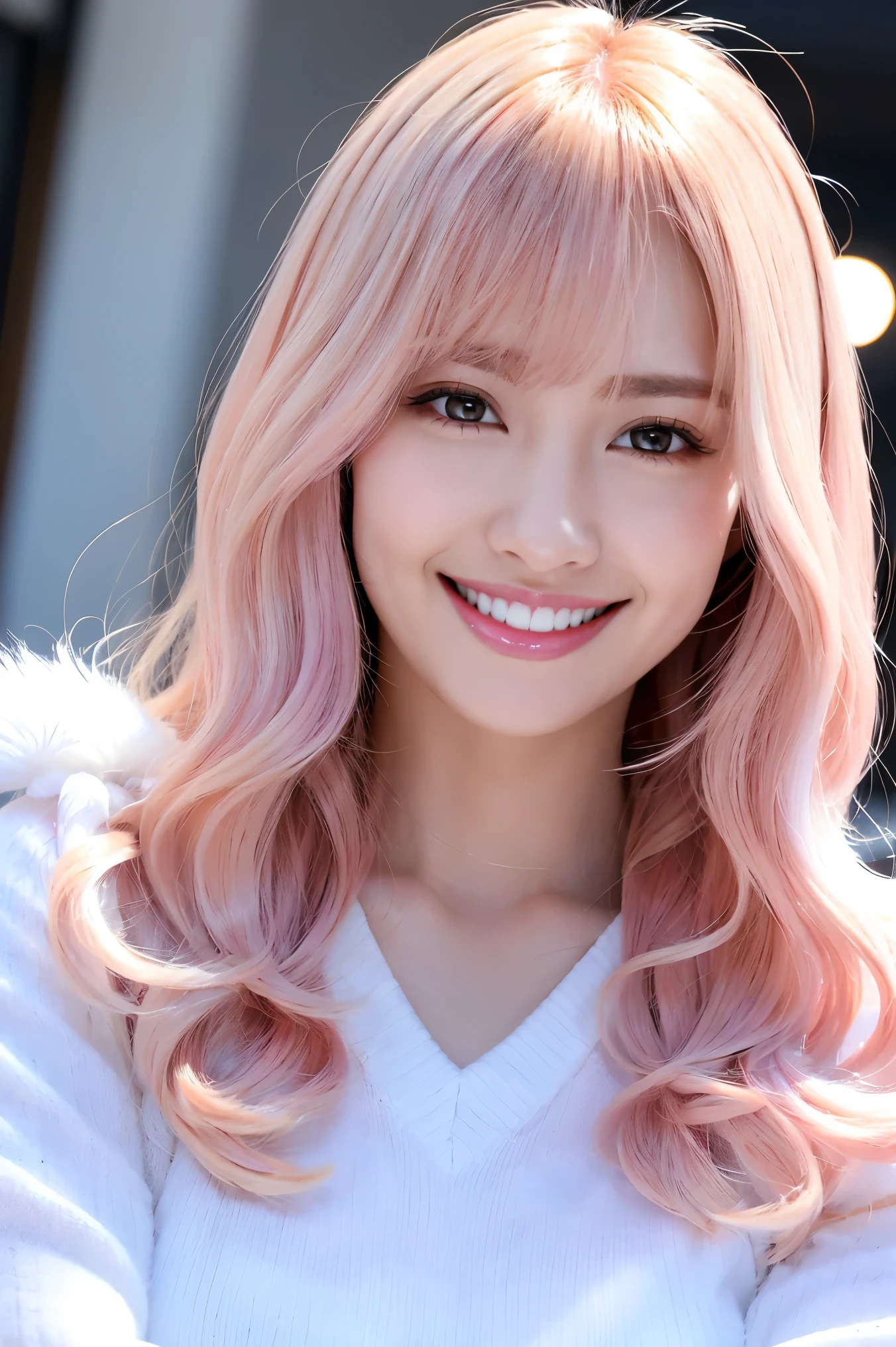 (Tabletop、highest quality、8k、Award-winning works、Ultra-high resolution)、One beautiful woman、(Perfect fluffy fur white V-neck long sleeve knit:1.3)、(Golden and pink hair:1.2)、(Pink blonde hair:1.1)、Bright color contacts、Perfect Makeup、Bright and shiny lipstick、(Very heavy makeup:1.1)、(Pink eyeshadow:1.1)、Heavy makeup around the eyes、(Face close-up:1.2)、Very long wavy hair、The best smile you ever had when you saw me、(Accentuate your body lines:1.1)、(Strongly blurred vibrant Harajuku street background:1.1)、(Strongly blurred background:1.1)、Accurate anatomy、Ultra HD Hair、(Ultra-high resolutionの完璧な美しい歯:1.1)、Ultra-high definition beauty face、Ultra HD Hair、Ultra-high definition sparkling eyes、輝くUltra-high resolutionの美肌、Ultra-high resolutionの艶やかな唇