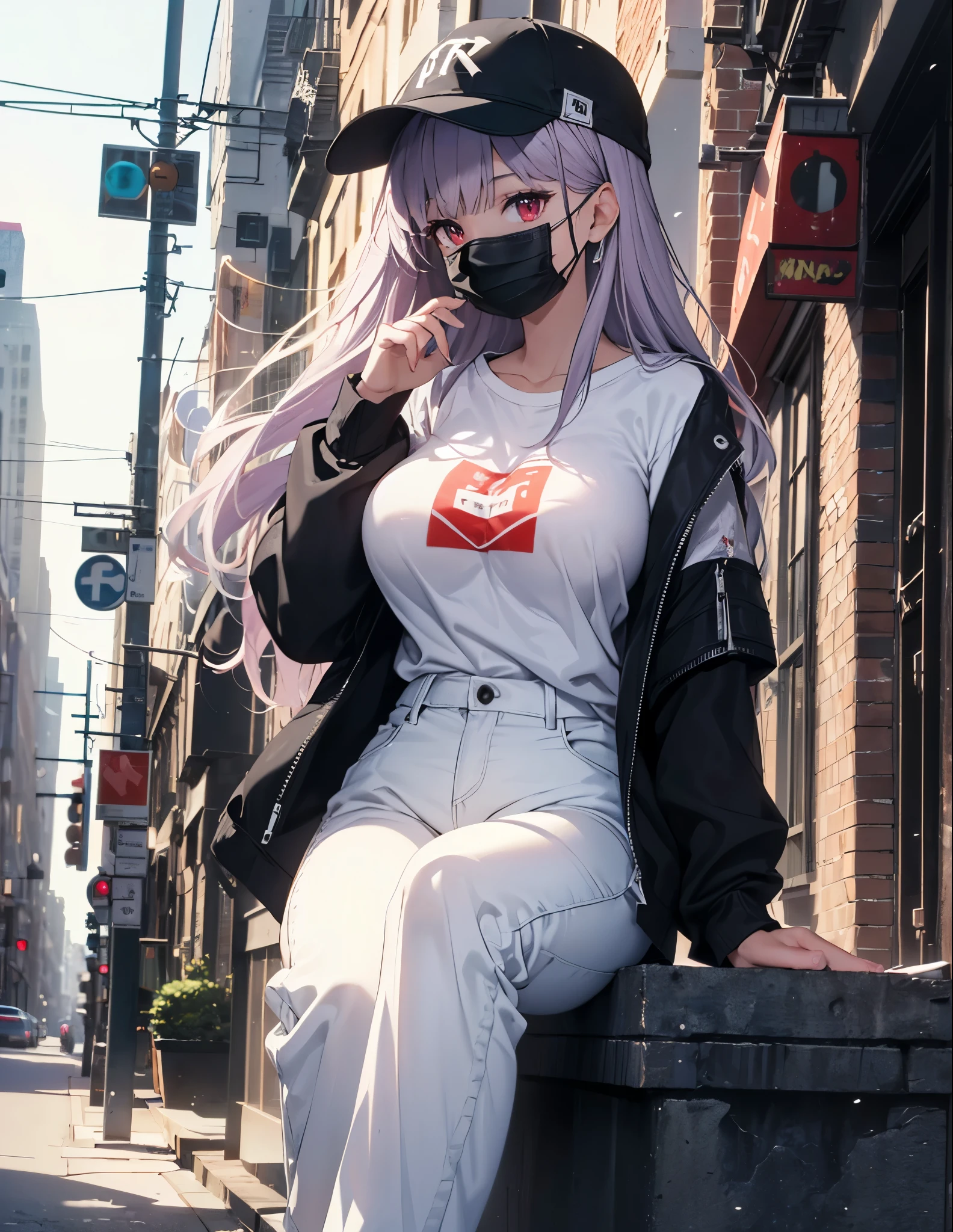 Realistic,highest quality, Super detailed, High-quality CG rendering, The most delicate and beautiful, Floating softly, High resolution, (1 female), (highest quality,4K,8k,masterpiece:1.2), Light purple hair,Long Hair,Red eyes,(Slightly larger breasts:1.5),(White oversized long sleeve T-shirt:1.3),(Black oversized pants:1.3),(White cap:1.3),In the city,old buildings,(Black Mask:1.4),(whole body:1.3),(Sandals:1.2)