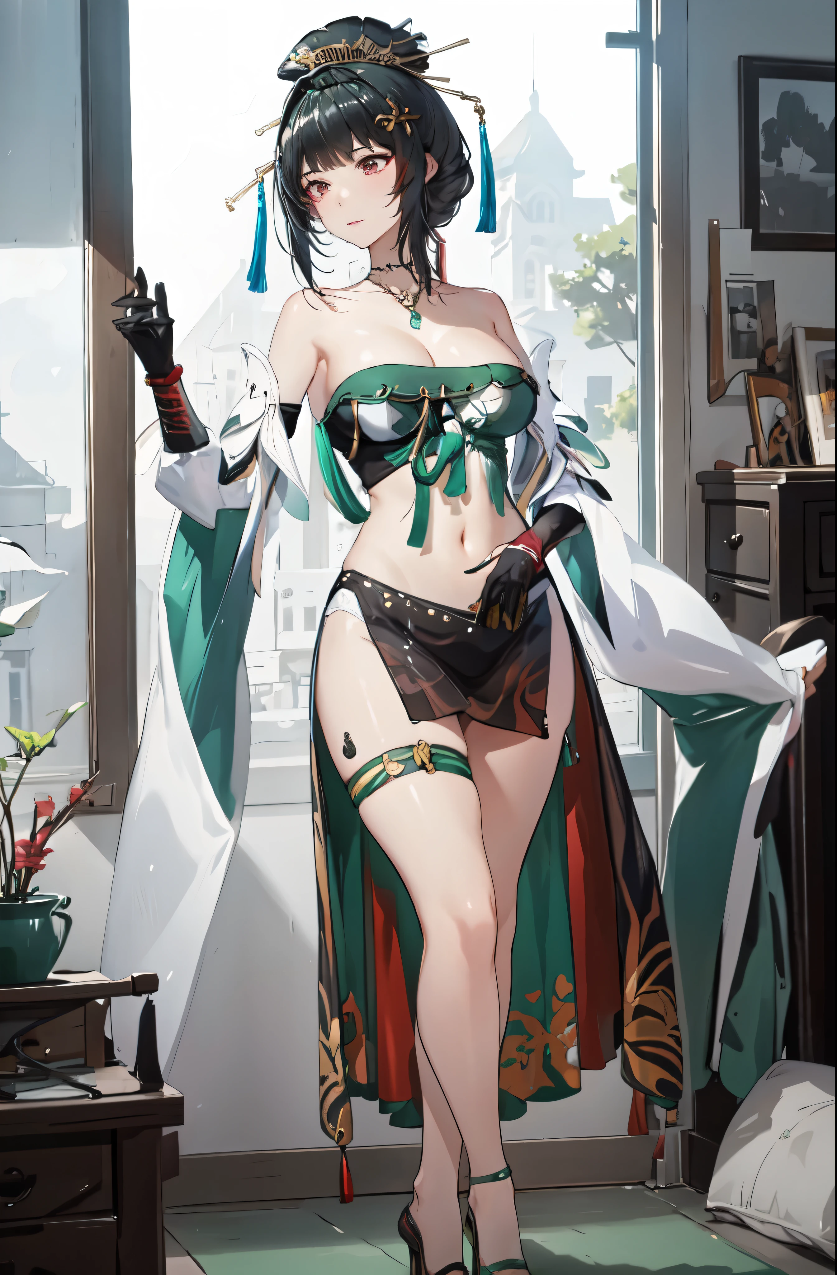 masterpiece, best quality BREAK solo, china dress, highres, Super detailed, very detailed, highest quality, best quality, super detailed, 1girl, standing, (large breasts), mature female, hanying, Full body drawing, (masterpiece), (best quality), (hyperdetail), (illustration), ((extremely delicate and beautiful)), (detailed light), (prefect's body), full body drawing, Hanying, HanYing, sexy, sexy belly, sexy belly line, sexy belly button