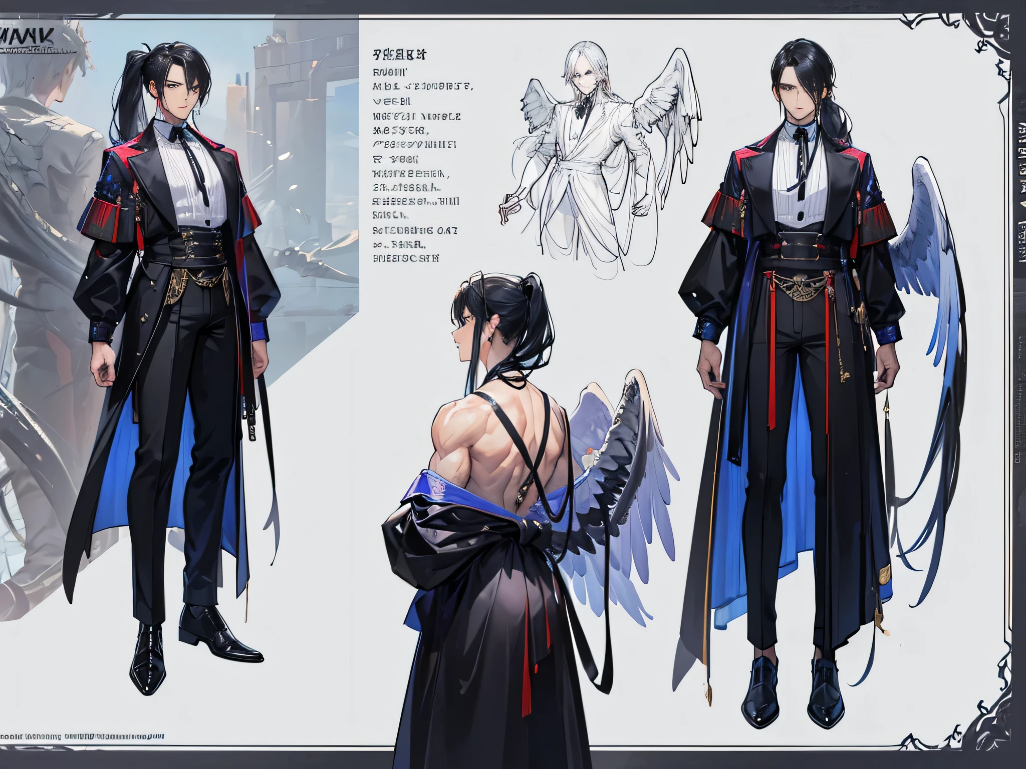 ((Masterpiece, Highest quality)), Male, boy, Detailed face, character design sheet, full bodyesbian, Full of details, frontal body view, back body view, Highly detailed, Depth, Many parts, dark skin, angel wings, black hair, angel outfit, Muscle boy with black long ponytail hair,handsome man, male angel , man tall