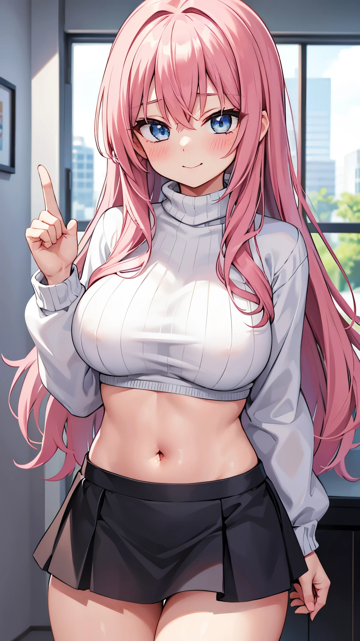 A cute anime star holding up a finger, which is displayed on screen for about 30 seconds, One girl, alone, chest, huge chest, skirt, belly button, smile, black skirt, Pink Hair, sweater, tattoo, Crop top, View your viewers, blue eyes, red sweater, Long sleeve, abdomen, turtleneck, Stomach, Long Hair, Thighs, Cowboy Shot, miniskirt, pubic tattoo, blush, window, turtleneck sweater, Mouth closed