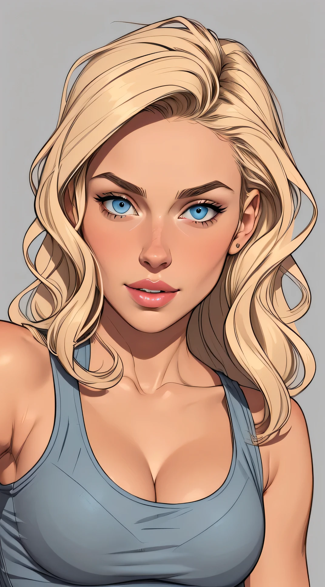 
Flat colors,close-up, Portrait of a 27 year old surfer looking girl, tan skin, ([ Baby Blue Eyes]) blonde wavy hair, natural beaty, ((Beautiful lips)) Sexy face, sexy look, lookind directly into camera,  tank-top, perfect sized breasts, cleavage,  masterpiece, (([Simple grey background]))

