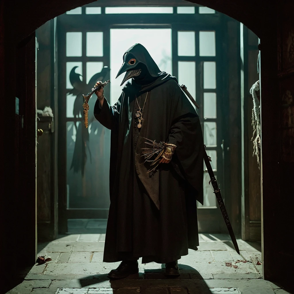 A plague doctor wearing a spooky bird mask and black ornaments peers out of a dark doorway, holding a sword。There is blood on your clothes。