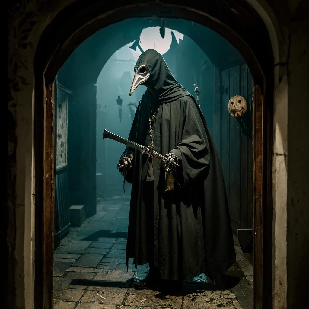 A plague doctor wearing a spooky bird mask and black ornaments peers out of a dark doorway, holding a sword。There is blood on your clothes。