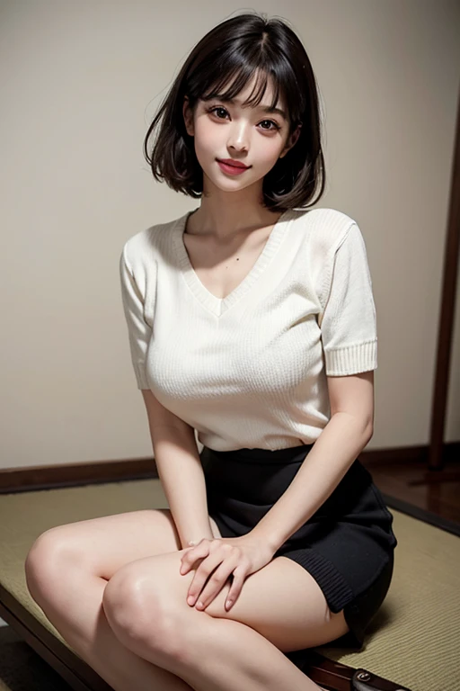 Big Breasts,Bob,V-neck short sleeve sweater,mini skirt,highest quality, masterpiece, Ultra-high resolution, Realistic,whole body,smile,Long legs,,Soft lighting, Detailed skin Bangs, Transparency, Japan,Beautiful woman, Lip gloss