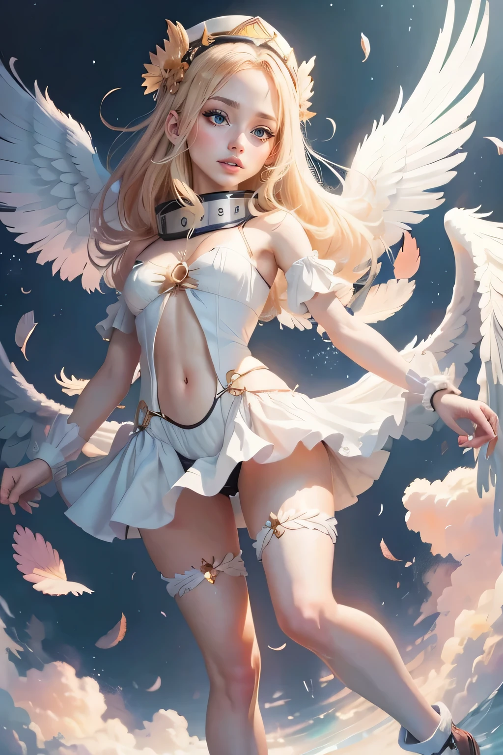 Anime Angel Girl descending, show her full body, white background