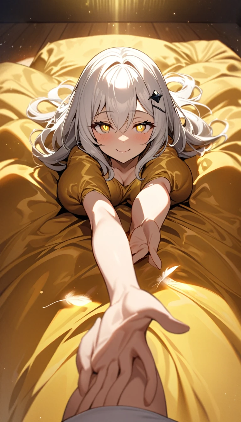 A woman, flowing white hair, melancholy eyes, yellow pupils, black diamond-shaped hairpin, Tiny feathers are dancing, pleasure, smile, arm support, arms up, incoming hug, pov, reaching, reaching towards viewer, looking at viewer, She is lying on a super huge golden silk soft duvet,